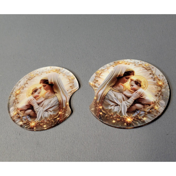 Vibrant Virgin Mary Baby Jesus Halo Light Round Car Coasters Religion Set of 2 - Picture 3 of 4